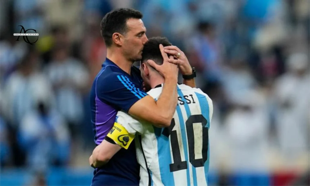 Lionel Scaloni hugging Lionel messi